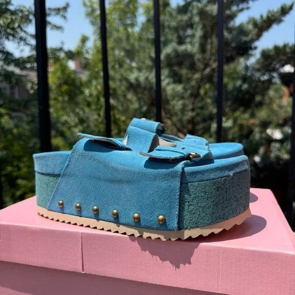New Free People Rule Breaker Flatform Sandal Shoes Platform Suede Blue Capri 36